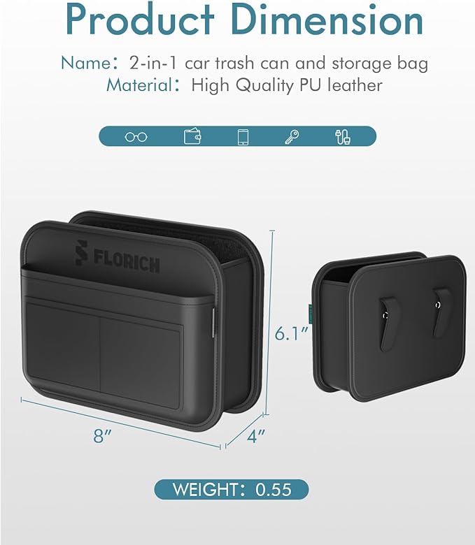 FLORICH Car Door Organizer, Small Leather Foldable Hanging Organizer and Trash Can 2-in-1, Multi-Function Mini Storage Box Garbage Can for Car Back Seats and Side Door-2Pack