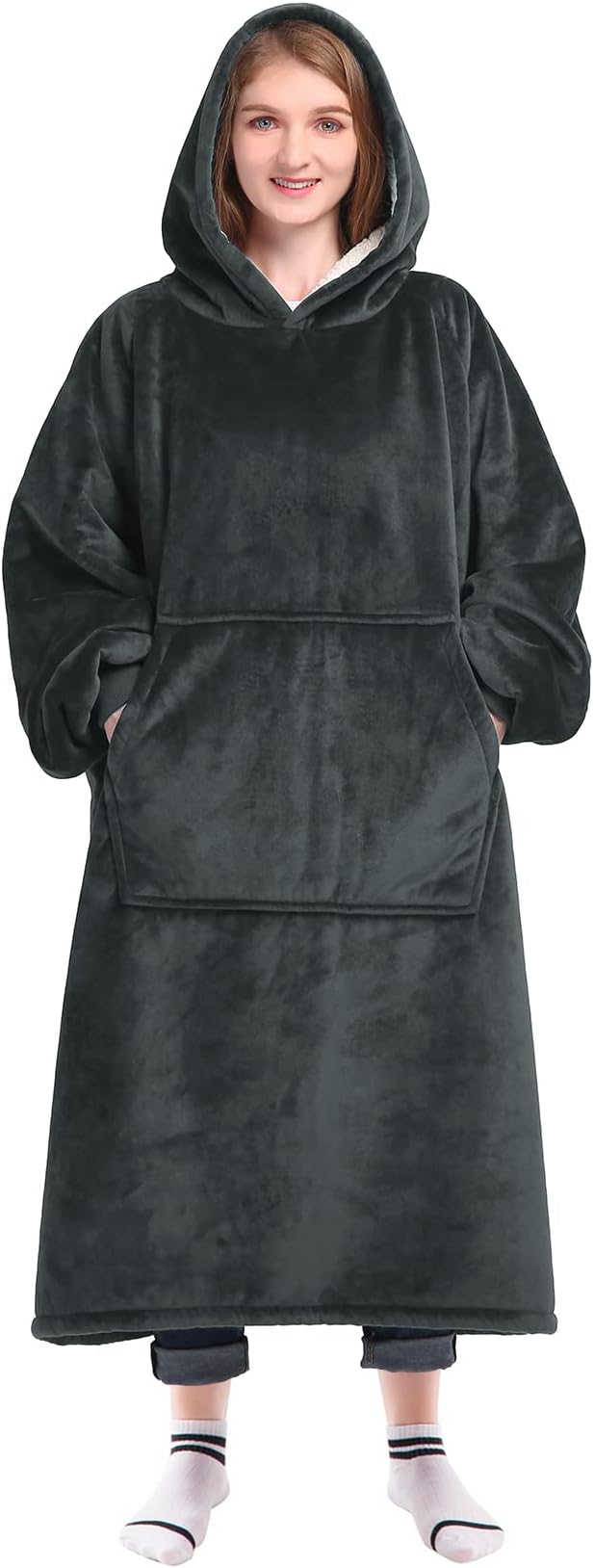 Waitu Wearable Blanket Sweatshirt Gifts for Women and Men, Sherpa Wearable Blanket Adult, Oversized Blanket Hoodie, Thick Sherpa Blanket, Warm Body Blanket Robe - Dark Gray