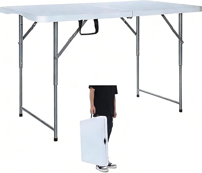 Lakhow Folding Table 4 Foot Heavy Duty Plastic Utility Table Portable Thick Table Top Small Indoor Outdoor Adjustable Height Folding with Carrying Handle，Sewing Table Camping Party Gathering ，White