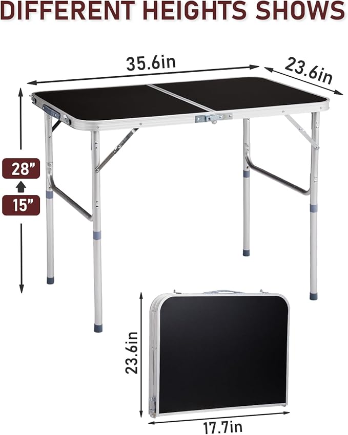 Outvita 3ft Portable Folding Camping Table, Outdoor Waterproof Adjustable Height Table, Aluminum Lightweight Suitcase Foldable Table for Picnic BBQ Beach Dining