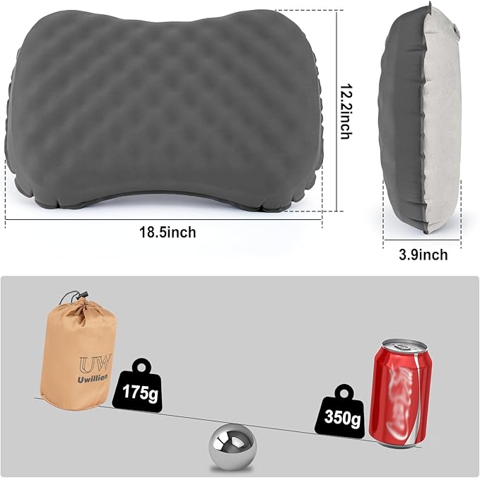 UWILLION Camping Pillow with Ice Silk Memory Foam Cover - Ultralight Inflatable Pillow for Camping Lightweight, Ergonomic and Washable for Camping, Hiking, and Travel Gray