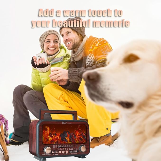 Retro Portable Radio AM FM SW Shortwave Radio with Bluetooth Speaker,Flame Atmosphere Lamp Battery Operated,SUB Charging, TF Card (Maroon)