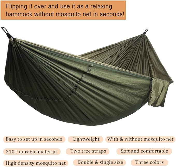 AnorTrek Camping Hammock with Mosquito Net, Double & Single Lightweight Portable Hammocks with Tree Straps, Parachute Hammock for Camping, Backpacking