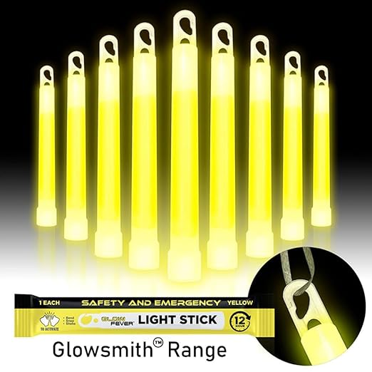 Glow Fever Emergency Safety Military Grade Glow Sticks, 30pcs 6'' Lightsticks, Light Up Ultra Bright with 12 Hours Duration. for Hiking Party Camping Blackouts Hurricane Shelter Survival Kit (Yellow)