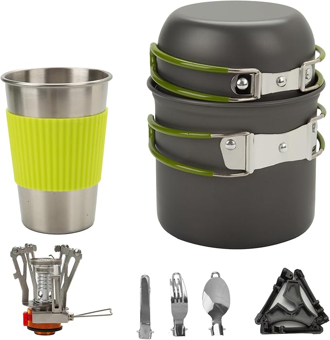 Camping Cookware Set, Portable Camping Mess Kit with Non-Stick Pots, Pans Set and Folding Fork, Lightweight Backpacking cookware Cooking Set for Outdoor/Camping/Hiking/Picnic