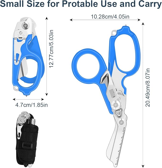 6 In1 Multifunction Emergency Response Shears, Stainless Steel Foldable Trauma Shears with Strap Cutter and Glass Breaker,Medical Scissors with Holster and Penlight Blue