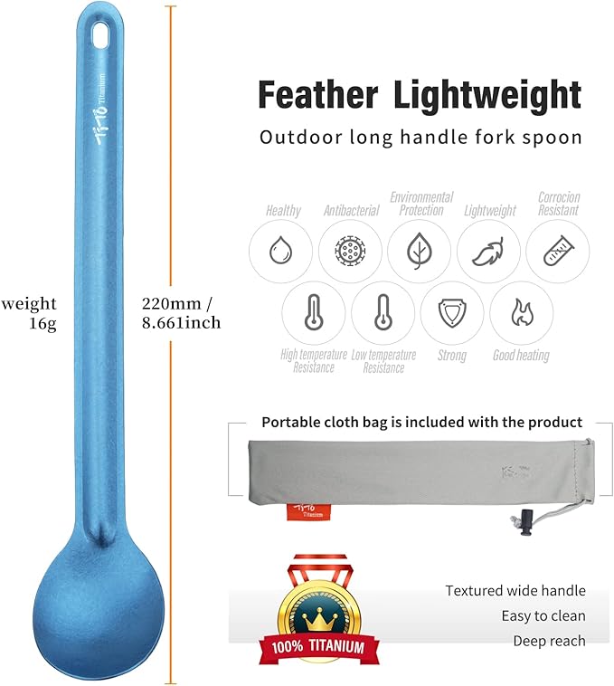 TiTo Titanium Long Handle Spork and Spoon Eco-Friendly Ultralight Portabale Flatware for Outdoor Camping Backpacking Hiking Travel Picnic Tableware with Bag (Bright Blue Spoon)
