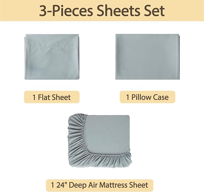 Air Mattress Sheet Set Twin Size,3 Piece Deep Pocket Bed Sheet Set for 16-24 Inch Air Bed,Easy Inflate Access,Perfect for Guest Room, RV, Camping,Gray