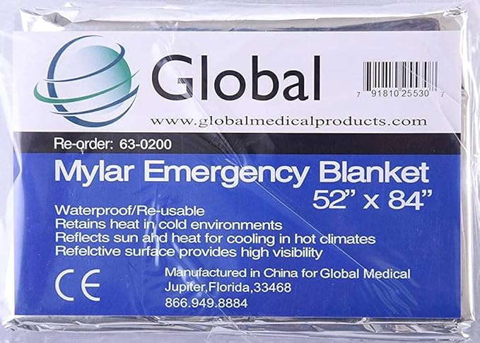 Global Medical Sales Supply Emergency Mylar Thermal Blanket | Survival Space Fire Blanket for Outdoor Adventures, Marathons, First Aid | Waterproof & Windproof | Ideal for Camping & Hiking