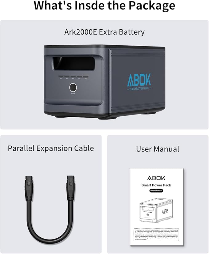 1536Wh Extra Battery ABOK LiFePO4 Battery, pairs with Ark2000, Expandable up to 4.6kWh, 1.3 Hr Fast Charge, App, 2000W Solar Generator for Camping, Emergency, RV, Clean Energy