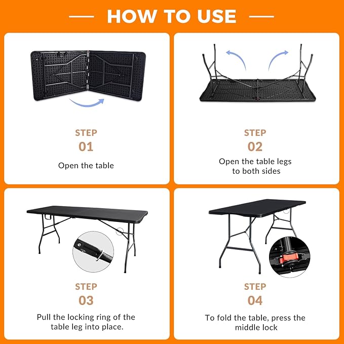 Lakhow Folding Table 6ft Heavy Duty Portable Table Indoor Outdoor with Parties, Camping & BBQs, Folds in Half for Easy Storage, No Assembly Required, Black