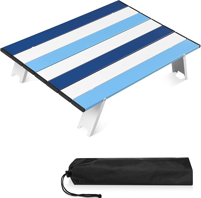 CroBlissful Beach Table Folding Camping Portable Table Striped White Aluminum Side with Carry Bag for Camping Picnics and Outdoor Activities(22x16x5 in,Navy Blue)