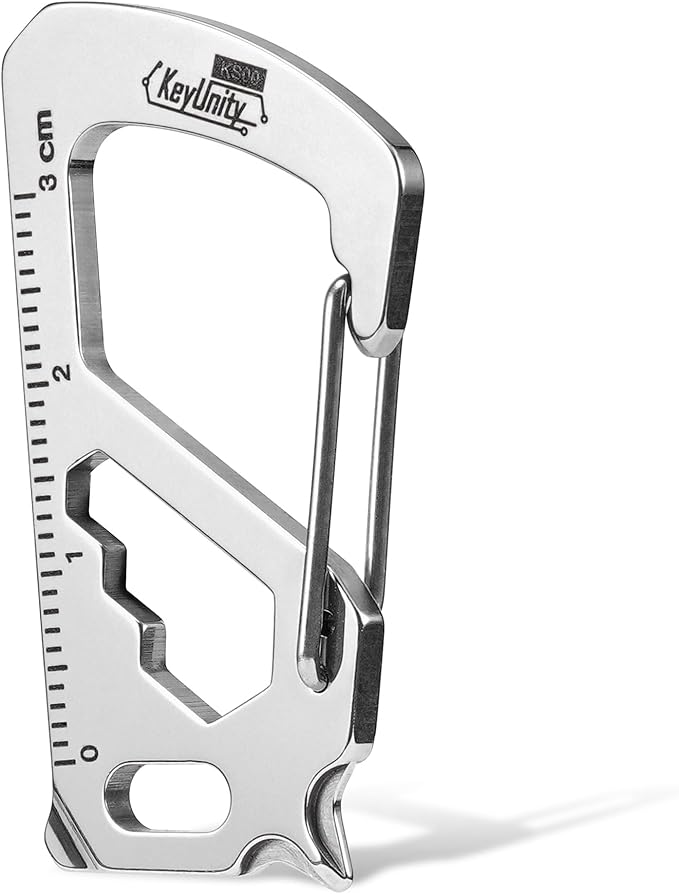 KeyUnity KS00S Carabiner Clip Multitool Stainless Steel 7 Tools in 1, Quick Release Clasp, Wrench, Cross Screwdriver, Slotted Screwdriver, Bottle Opener, Ruler, Key Holder (Silver,Small)