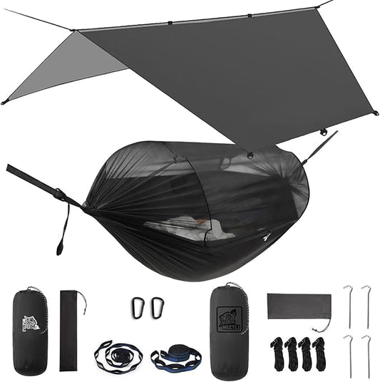 Miztli Camping Hammock with Net & Rain Fly All-in-1 - Double & Single Portable Hammock Ripstop Nylon, Complete Kit w/Adjustable Tree Straps for Backpacking, Outdoor, Travel