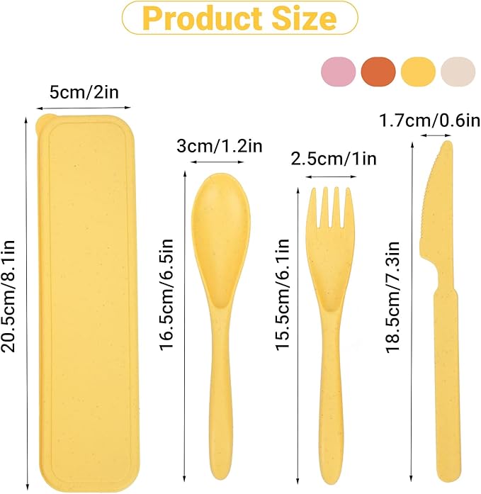 Knives Spoons and Forks Set, Portable Cutlery Set, Reusable Flatware Set for 4, Utensils for Party, Travel, Work, Picnic, Camping or Daily Use（Pink, Orange, Yellow, Beige）