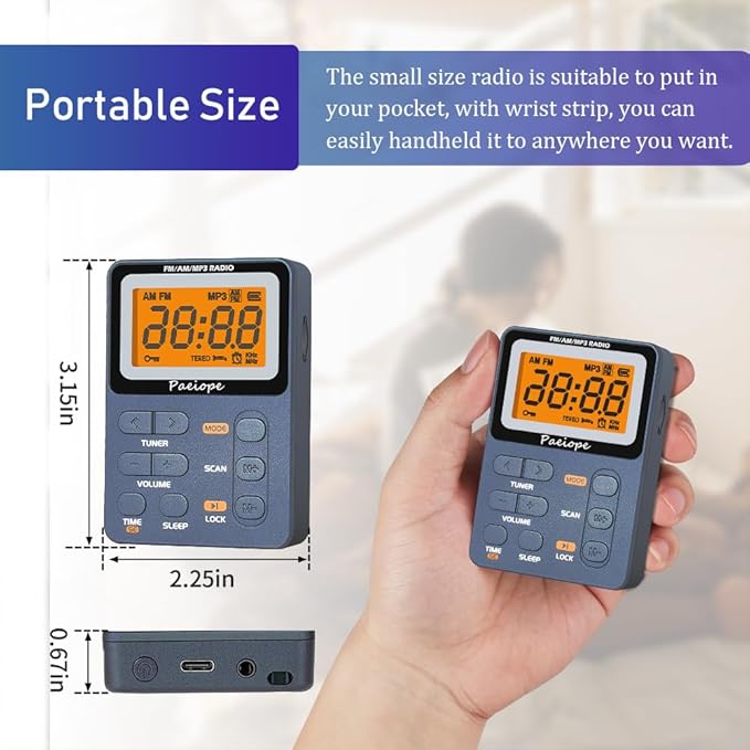 Portable Radio AM FM, Rechargeable Pocket Walkman with Best Reception Digital Tuning, MP3, Stereo Earphone, Large LCD Screen, TF Card Socket, Transistor Radio for Jogging/Gym/Camping(Blue)