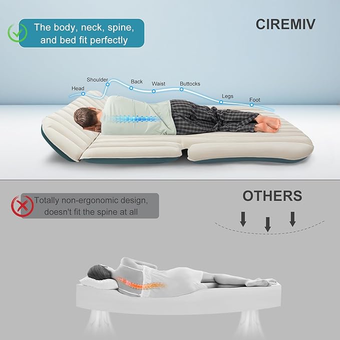 Ciremiv SUV Air Mattress with Double-Sided-Thick Flocked,Car Mattress with Pillow & Pump,Leakproof Durable Car Air Mattress,for Auto Camping, Road Trip,Double-Sided Flocking(Blue and White)
