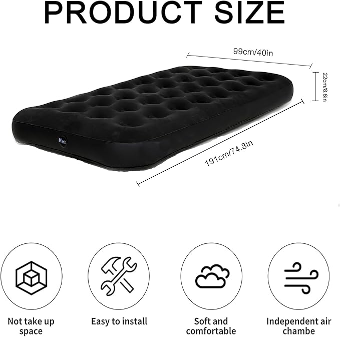 Onirii Twin Size Single Camping Air Mattress Bed with Air Pump,75"x 39"Thickened Portable Inflatable Mattress Blow Up Air Mattress,Travel Sleeping Bed Pad for Camping Home Hiking(Black)