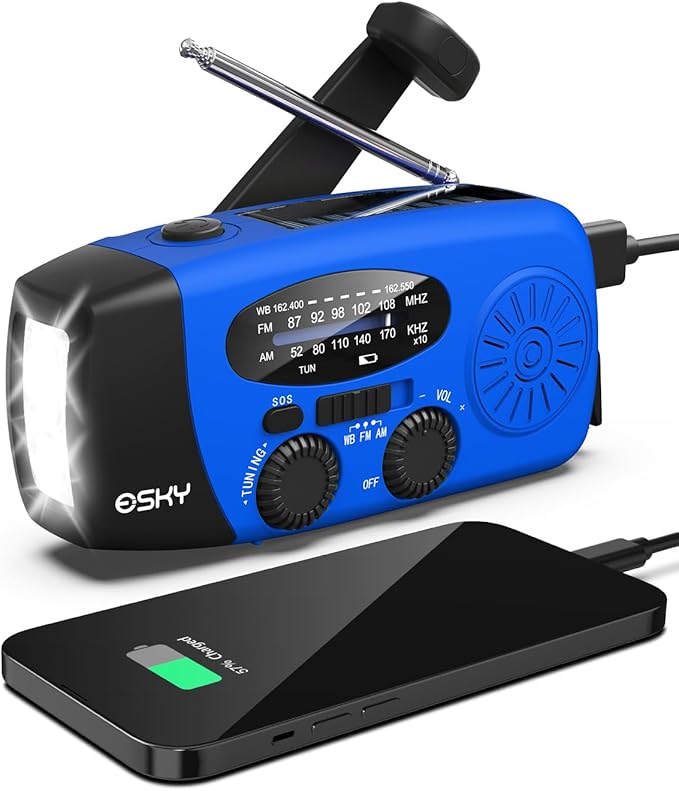 Esky Emergency Hand Crank Radio with 3 LED Flashlight, AM/FM/NOAA Portable Weather Radio with 2000mAh Rechargeable Battery, Solar Powered USB Charged Radio for Indoor Outdoor Camping, Blue