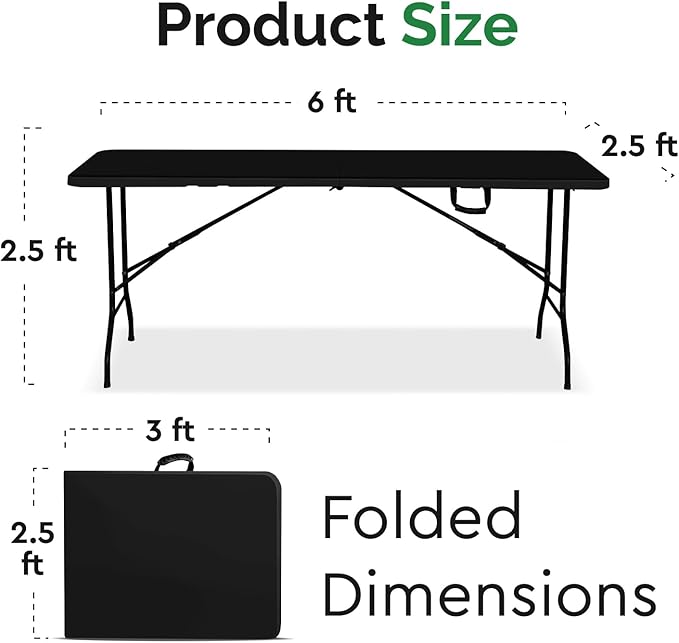 EconoHome Black 6ft Folding Table with Handle | Heavy-Duty Foldable Table | Portable Table for Indoor & Outdoor Use | Perfect for Events, Camping, Parties, Dining & More