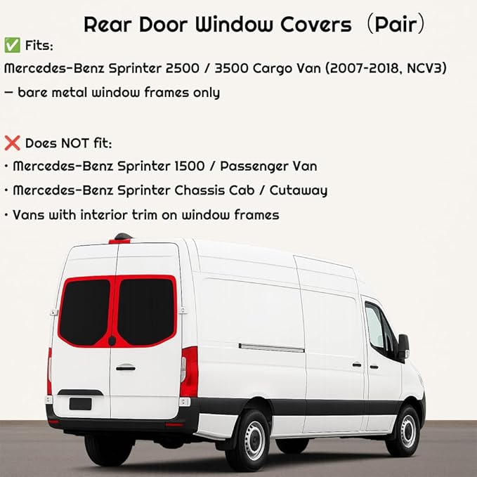 Magnetic Insulated Rear Door Window Covers (Pair) for 2007-2018 Mercedes-Benz Sprinter NCV3 Vans (Fits Bare Metal Window Frames), Blackout Privacy Sun Shades for Stealth Camping – Dark Gray