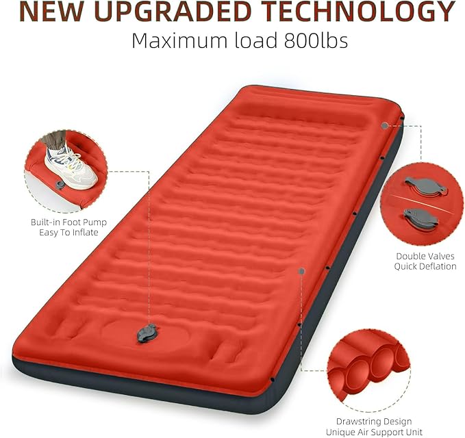 FNARMW Camping Sleeping Pad, Extra Thick 5 Inch Camping Mat with Pillow Built-in Foot Pump Inflatable Sleeping Pads Compact for Camping Backpacking Hiking Traveling Tent（Orange-Black）