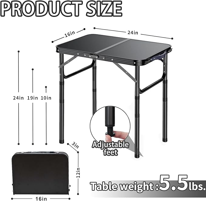 Yriuat Outdoor Side Table, Portable 3 Adjustable Height Small Outdoor Folding Table, Aluminum Foldable Patio Side Tables for Outside Indoor, Plant Stand Coffee End Table for Pool, Porch,Garden(Black)
