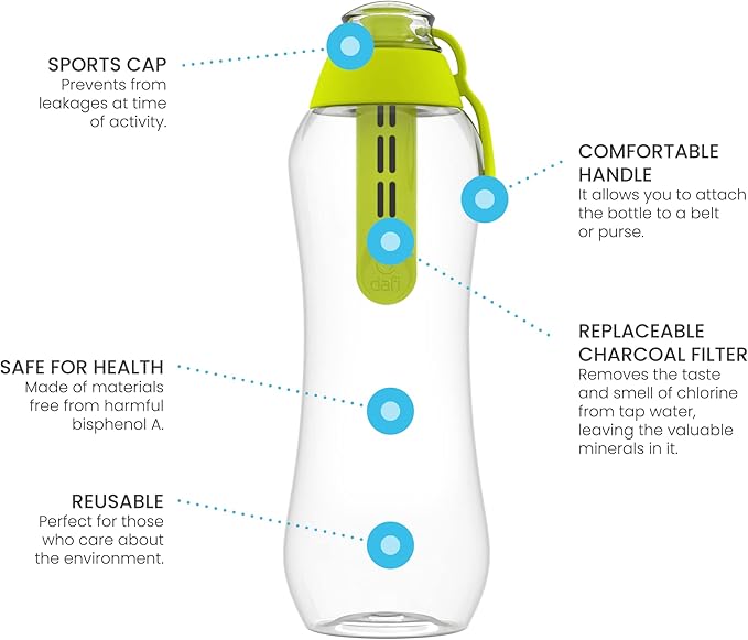 Dafi Sport Water Bottle with Filter Lime 0.5L – BPA-Free Reusable Bottle with Activated Carbon Filter – Removes Chlorine Taste & Odor – Perfect for Active Lifestyle Travel Gym Work – Made in Europe