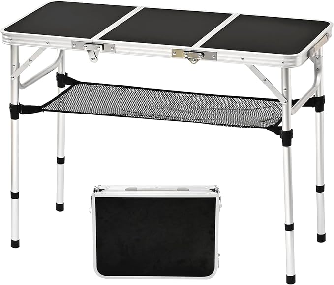 YihuiKo 3 ft Folding Table, Folding Camping Table with Storage Net, Lightweight Portable Aluminum Foldable Table with Adjustable Height Max 27.5 Inch Outdoor Table for Picnic Travel, Black