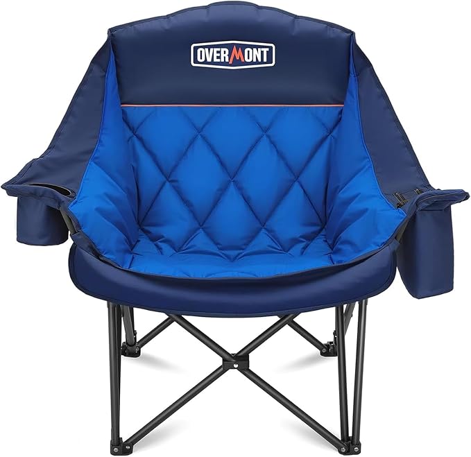 Overmont Oversized XL Camping Chair for Adults - 400lbs Support Heavy-Duty Padded Folding Chair with Side Pocket Cup Holder Cooling Bag for Outdoor Sports Garden Beach Fishing Lawn - Blue