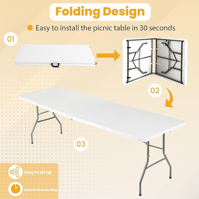 FDW 6FT Folding Table, Portable Fold-in-Half Plastic Picnic Party Table with Carrying Handle (White