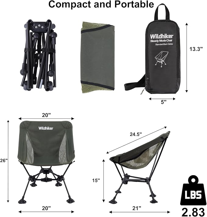 Wildhiker Ultralight Backpacking Chair – Compact Camping Chairs for Adults with Pouch, Weighs 2.8 lbs with Anti-Sinking Large Feet for Beach, Hiking, Motorcycle, Travel, Festival – Green