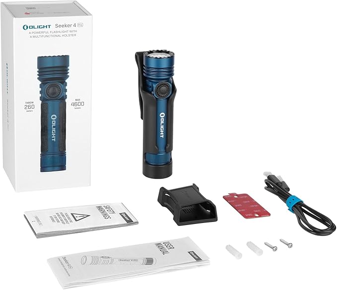 OLIGHT Seeker 4 Pro Rechargeable Flashlights, 4600 Lumens High Powerful Bright Light with USB C Holster, Waterproof IPX8 for Emergencies, Camping, Searching (Midnight Blue Cool White)