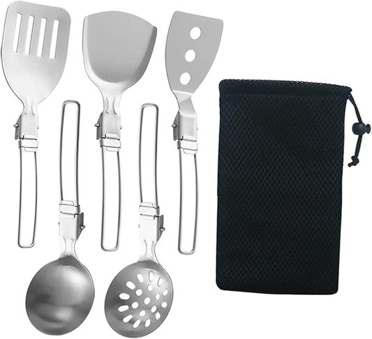 Esquirla 6Pcs Camp Cooking Utensil Set,Outdoor Kitchen Gear, Foldable Cooking Organizer Metal Camping Kitchen Utensil Set, Cookware Kit for Camp RV, BBQ