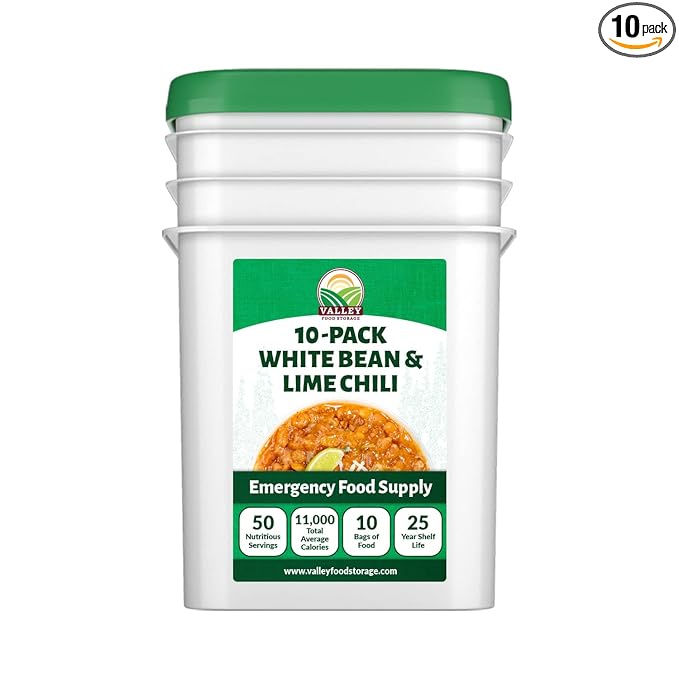 Valley Food Storage White Bean & Lime Chili | 10-Bag Bucket, 50 Servings | Premium Emergency Food Supply, 25 Year Shelf Life | Survival Meal Kits, Prepper Food & Off-Grid Living Supplies, Packaged in USA