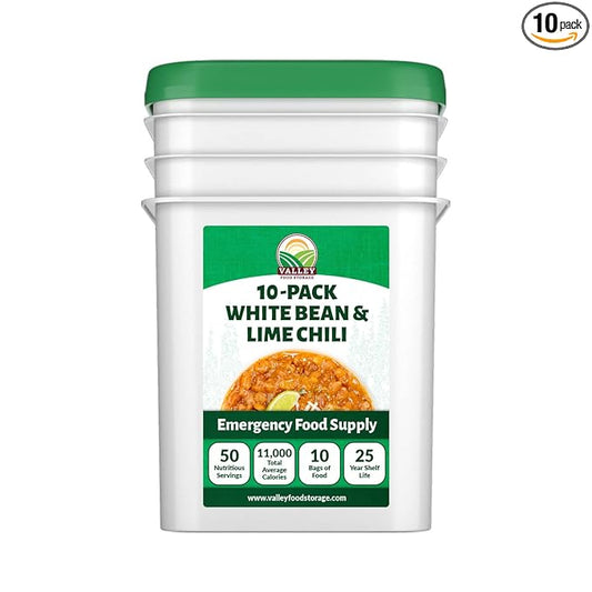 Valley Food Storage White Bean & Lime Chili | 10-Bag Bucket, 50 Servings | Premium Emergency Food Supply, 25 Year Shelf Life | Survival Meal Kits, Prepper Food & Off-Grid Living Supplies, Packaged in USA