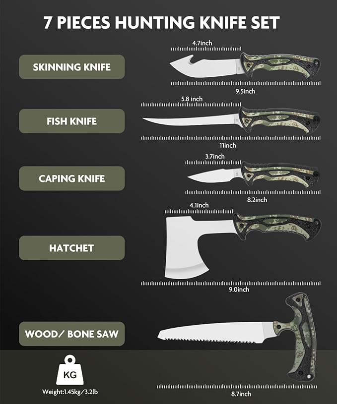 Jellas Hunting Knife Set - Professional Game Processing Kit with Axe, Bone Saw, Skinning & Fillet Knives, Rib Spreader, Sharpener, Portable Field Dressing Kit & Camping Gear in Carry Case