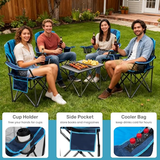 FAIR WIND 2 Pack Padded Camping Chair 500LBS Capacity Heavy Duty Oversized Folding Chair for Heavy People Portable Lawn Chair with Adjustable Lumbar Support, Cooler Bag & Cup Holder for Outdoor, Beach