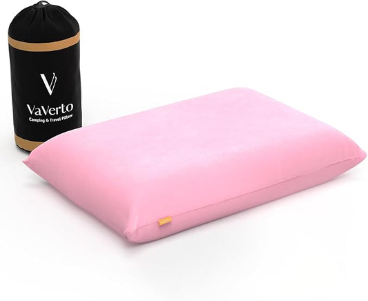Vaverto Camping Pillow, Medium Firm Memory Foam Travel Pillow, Compressible & Portable, Breathable Washable Cover, Backpacking, Airplane & Car Travel, 12" x 18"