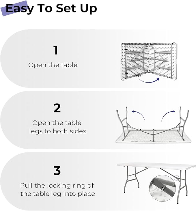Byliable Folding Table 6ft Portable Heavy Duty Plastic Fold-in-Half Utility Foldable Table Plastic Dining Indoor Outdoor for Camping, Picnic and Party, White