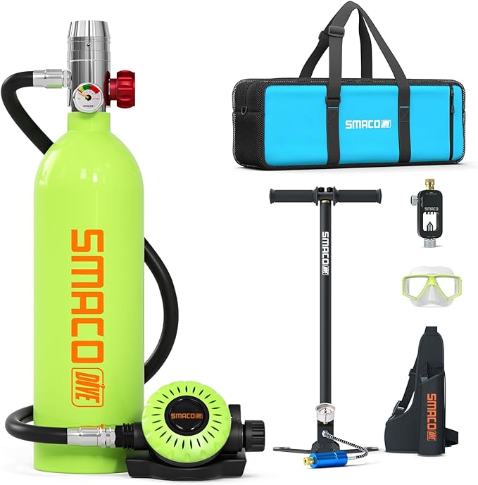 SMACO Mini Scuba Tank 1L Small Diving Tank for Underwater Breathing Portable Lung Air Tank Diving Oxygen Cylinder Kit for Emergency Rescue Boat Cleaning Backup Air Source Pony Bottle S400