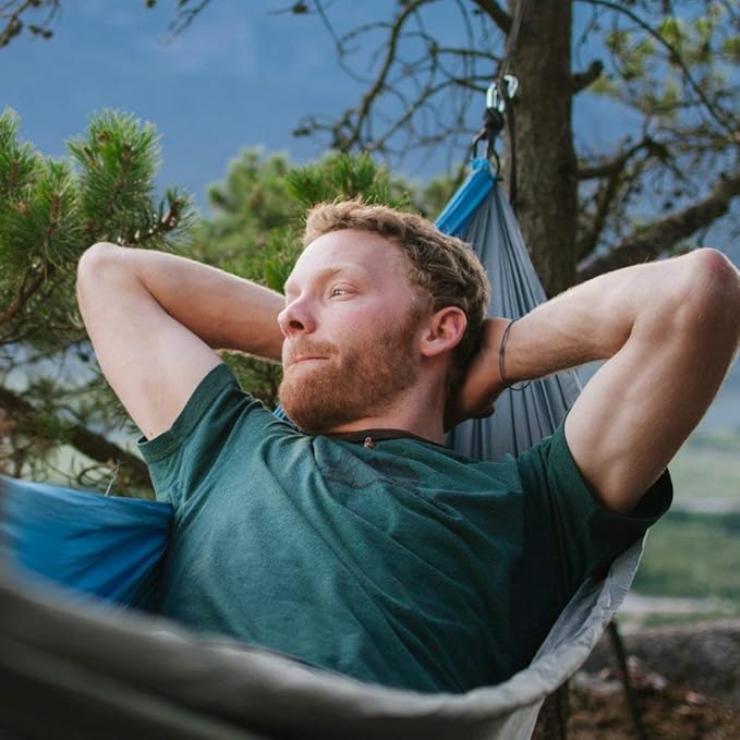 Fox Outfitters Neolite Double Camping Hammock - Lightweight Portable Nylon Parachute Hammock for Backpacking, Travel, Beach, Yard. Hammock Straps & Steel Carabiners Included (Orange/Olive Green)