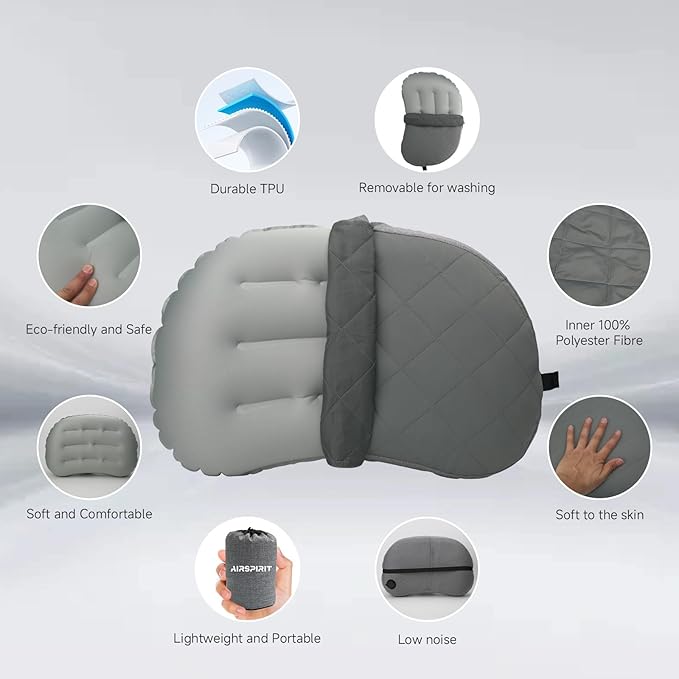 AIRSPIRIT Ultralight Camping Pillow Inflatable with Removable Washable Cover, Compact Travel Pillow for Neck Support, Hiking, Backpacking, Office, Airplane, Car & Beach - Adjustable Firmness (Grey)