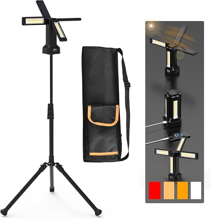 iodoo 13200mAh Rechargeable Solar Work Light with Folding Stand Support and Portable Carrying Bag, 8000 Lumen Stepless Dimmable, 4 Lighting Modes, White/Warm/Warm White (Black(Standard))