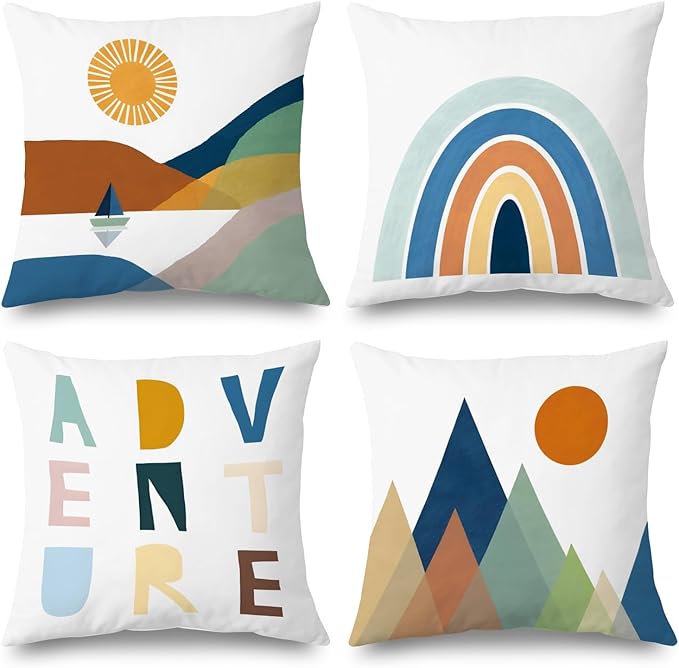 SPBL&L Boho Kids Decorative Pillow Covers 18x18, Adventure Nursery Decor, Boho Rainbow Sun Mountain Nursery Throw Pillow Covers for Kids Room Classroom Playroom, Camping Classroom Decor, Set of 4