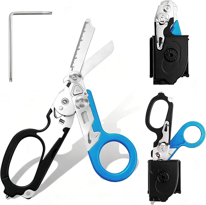 Folding Trauma Shears for EMT Accessories, 6 in 1 Multi-function Medical Shears with Holster for Outdoor Camping, Emergency Rescue, First Responders (Black-Blue)