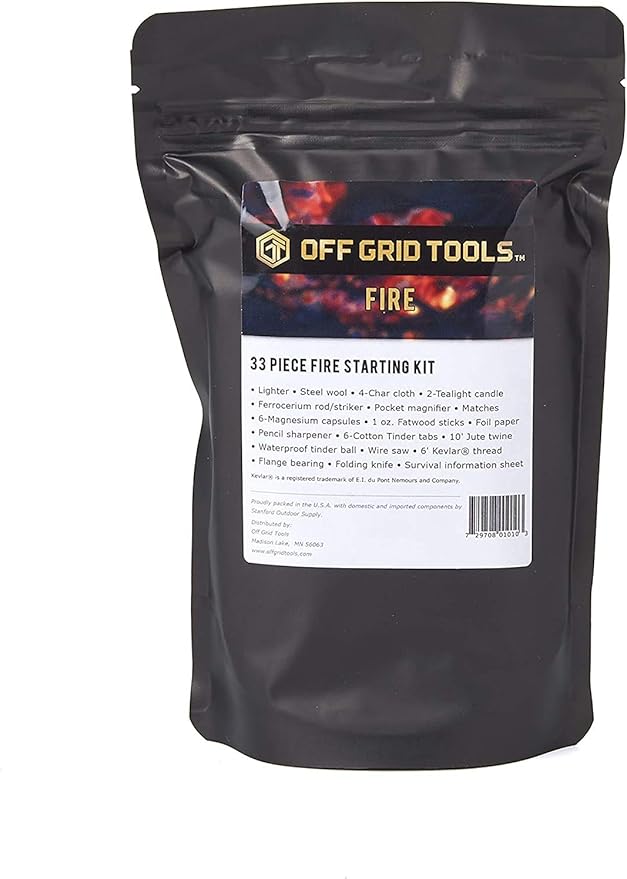 Off Grid Tools Fire Starting Kit, 33 Pieces Outdoor Survival Kit, Resealable Waterproof Bag, Includes Survival Information Sheet, Tactical Gear & Accessories