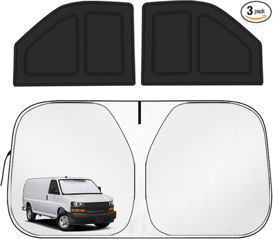 for Chevy Express 1996-2026 Front Windshield & Side Window Covers, Foldable 3-Piece Window Shades Set, Custom Fit Sunshade Visor for UV Rays & Heat Block, Cargo Van Accessories