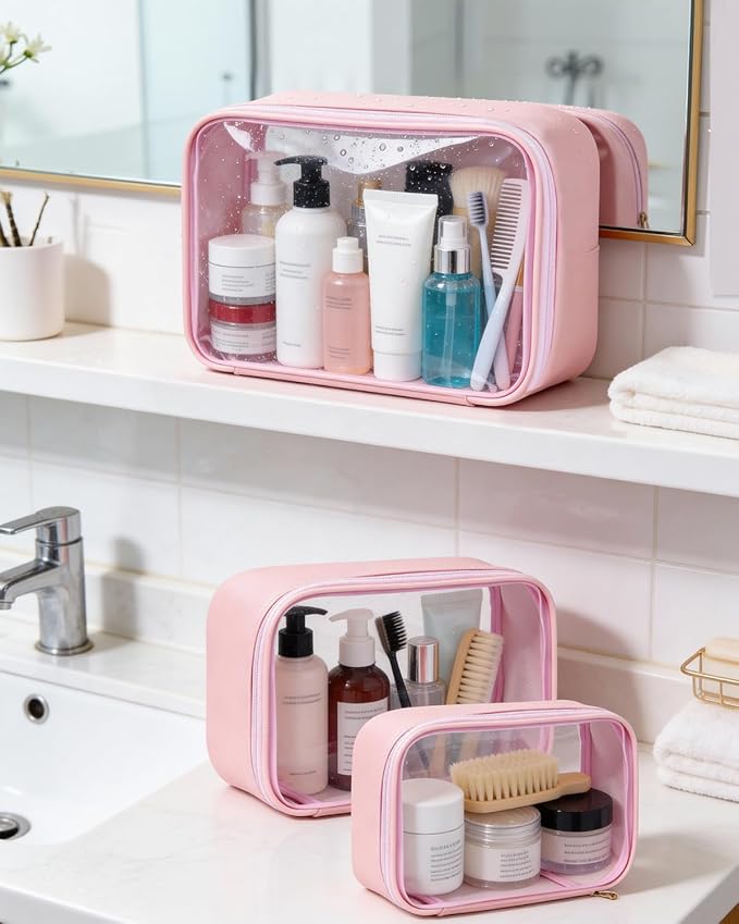 Travel Clear Makeup Bag Set for Women, 3 Pack Travel Size Toiletry Bag with Zipper Small Makeup Pouch for Purse Waterproof Portable Cosmetic Case Compact Car Organizer Storage Bag (Pink Set)
