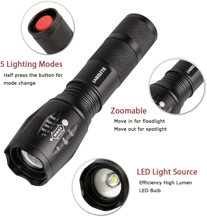 JARDLITE LED Emergency Handheld Flashlight with Adjustable Focus, Water Resistant, 5 Modes, Best Tactical Flashlight for Emergency, Camping and Fishing, 2 Pack